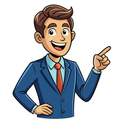 Business man pointing finger at something. Happy face. Hand drawn style vector design illustrations. 