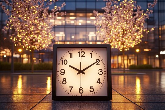 Square clock in urban setting at night, illuminated by string lights, in front of modern buildings Time clearly visible on the clock face Wet pavement reflects the lights