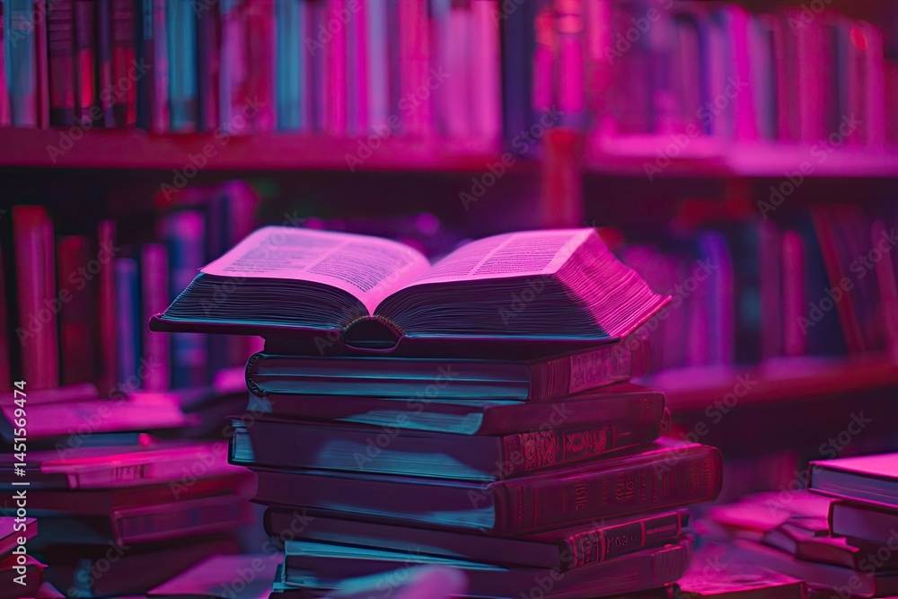 Aufkleber stack of books in library with open book