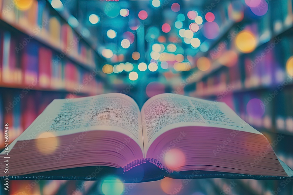 Poster open book on table in library with bookshelves and bokeh background