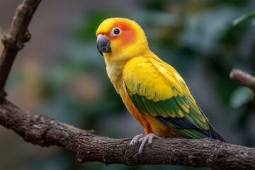 Parrot with Yellow and Green Feathers Perched on Branch