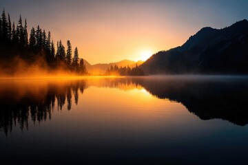 Fototapeta premium Serene mountain lake at sunrise reflecting a golden sky.