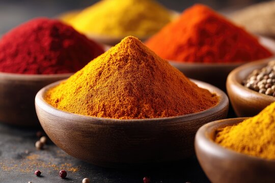 Close-up view of various colorful spice powders in bowls. - Powered by Adobe
