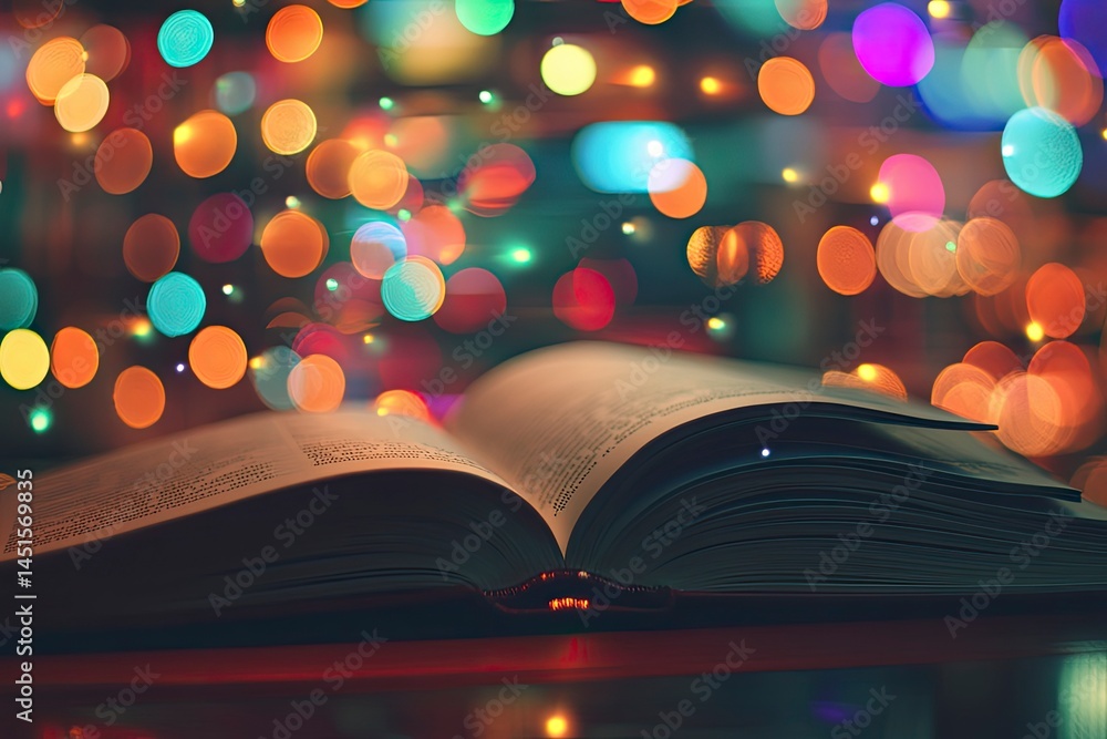 Poster open book with bokeh lights in background