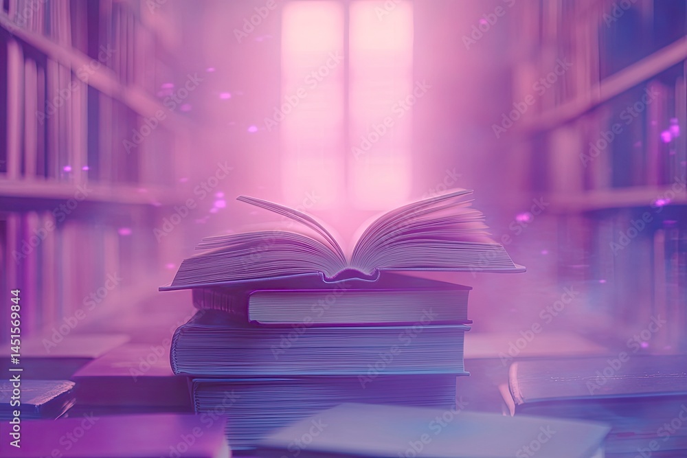 Poster open book on stack in library