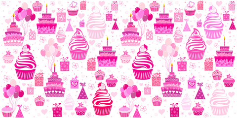 Happy birthday. Seamless wrapping paper. Menu design. Template for a baking shop, cafe. Seamless pattern with cupcakes. Delicious birthday party cupcakes with fruits whipped cream. Vector illustration