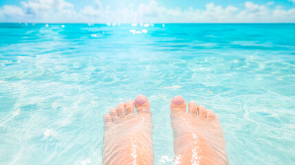 A woman's feet are in the sand on a beach. Health care, foot care, spa. Beautiful female legs surrounded by water drops and fresh.Female legs on the beach sand of the sea in summer on vacation.