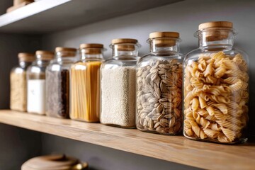 Organized glass jars filled with various pantry staples on a wooden shelf.