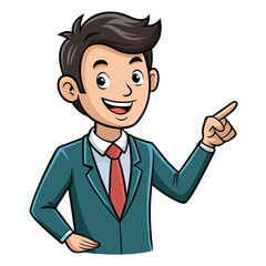 Business man pointing finger at something. Happy face. Hand drawn style vector design illustrations. 