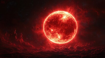 Obraz premium A mesmerizing cosmic landscape featuring a fiery red sun illuminating a sea of celestial clouds and distant planets