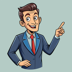 Business man pointing finger at something. Happy face. Hand drawn style vector design illustrations. 