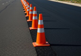 A row of orange traffic cones on a newly paved asphalt surface
