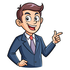 Business man pointing finger at something. Happy face. Hand drawn style vector design illustrations. 