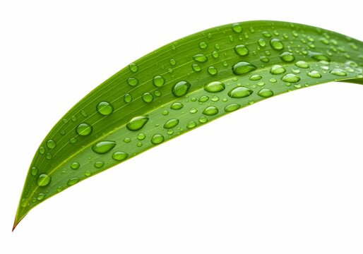 Fresh green tropical leaf with water droplets isolated on white background, macro close-up showing natural texture, purity, freshness, and eco-friendly organic botanical detail