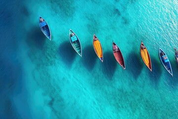 Colorful boats in a turquoise tropical sea.