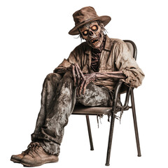 Fototapeta premium A creepy zombie in tattered clothes and a hat sits quietly in a metal chair during twilight, Scary zombie wearing hat and sitting in a chair on transparent background