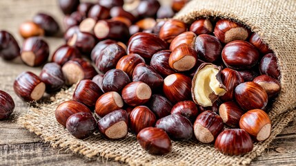 pile of raw chestnuts in a burlap sack, spilling out naturally with a rustic background. Copy space. raw chestnuts, burlap sack, rustic background, natural spill, organic, unprocessed, harvest, 