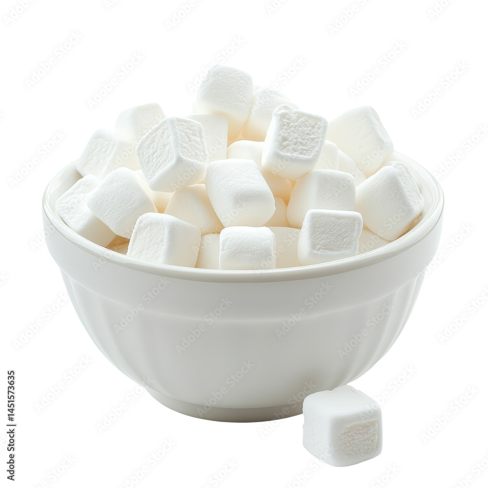 Poster fresh transparent marshmallows in a transparent bowl displayed against a plain transparent backgroun