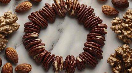 Obraz premium and other superfoods like walnuts and almonds arranged artistically on a marble surface. Copy space. chestnuts, superfoods, walnuts, almonds, marble surface, artistic arrangement, healthy food, 