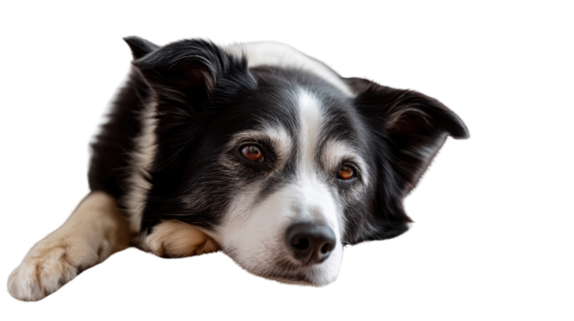 Thoughtful Border Collie Portrait: A close-up shot of a beautiful Border Collie, its intelligent eyes conveying a sense of calmness and depth. With its distinctive black and white markings.