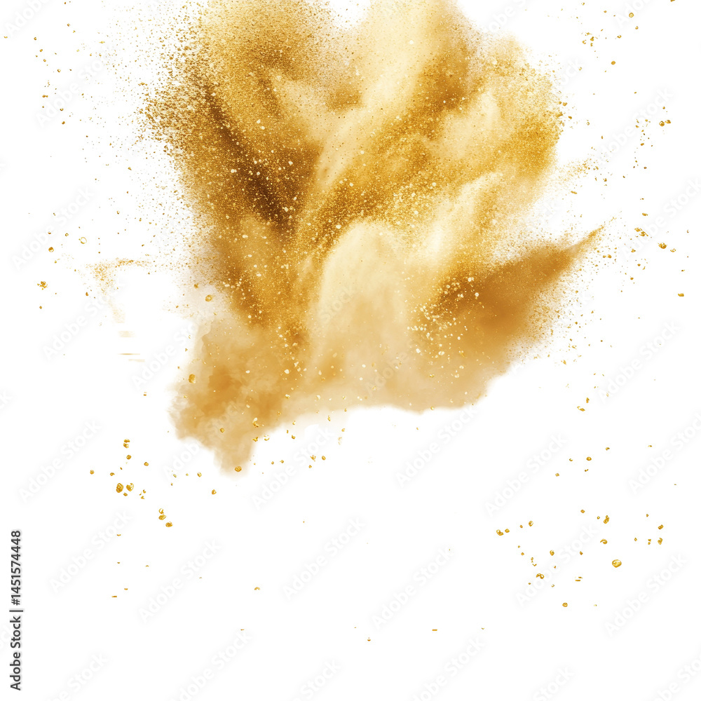 Poster golden dust explosions form dynamic patterns on a clean transparent background, showcasing vibrant t