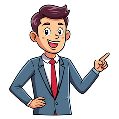Business man pointing finger at something. Happy face. Hand drawn style vector design illustrations. 