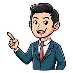 Business man pointing finger at something. Happy face. Hand drawn style vector design illustrations. 