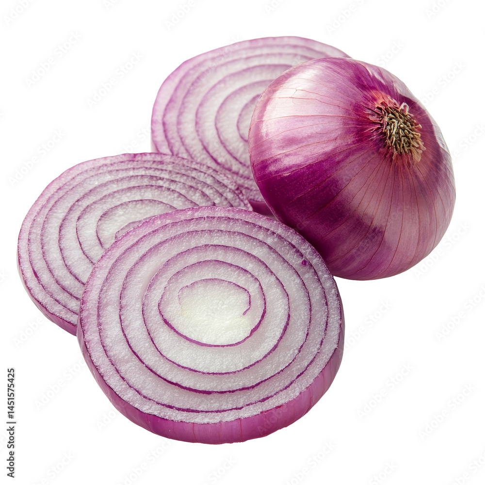 Poster freshly sliced onions isolated on a transparent background ready for culinary use in various recipes