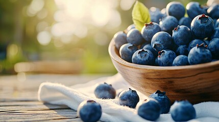 Blueberries spilling from a wooden bowl onto a white linen cloth in a sunlit backyard garden, warm summer tone, sharp detail on berry skin and seeds, vibrant organic texture and airy rustic