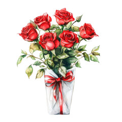 A beautiful bouquet of five red roses wrapped with a transparent ribbon against a clean transparent background, red rose boquet gift, isolated on transparent background