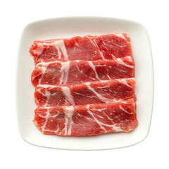 Freshly cut raw pork slices arranged neatly on a transparent plate ready for cooking or preparation, Raw pork on transparent background