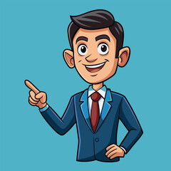 Business man pointing finger at something. Happy face. Hand drawn style vector design illustrations. 