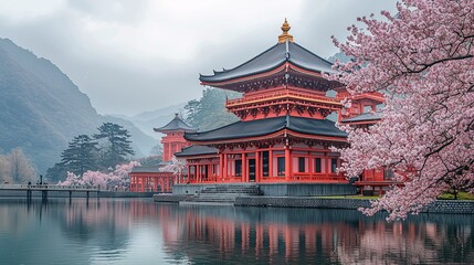 Asian temple background with cherry blossoms