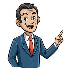 Business man pointing finger at something. Happy face. Hand drawn style vector design illustrations. 