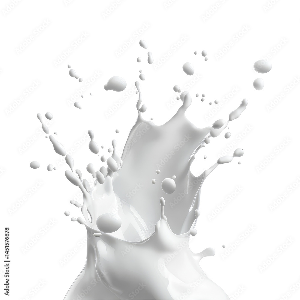 Poster dynamic transparent milk splashes captured against a pure transparent background showcasing fluid mo