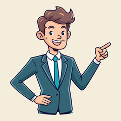 Business man pointing finger at something. Happy face. Hand drawn style vector design illustrations. 