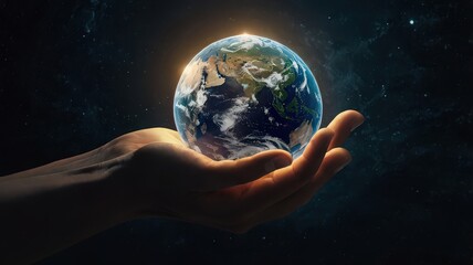 A hand holding the earth in space with stars and a glowing light above the planet illustration