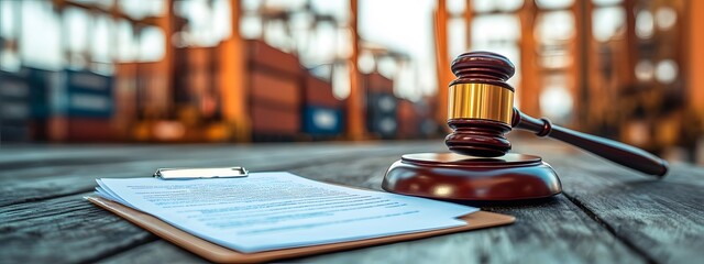 Clipboard with legal paper and gavel set against dockyard and containers symbolizing trade regulations and sea law

