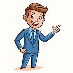 Business man pointing finger at something. Happy face. Hand drawn style vector design illustrations. 