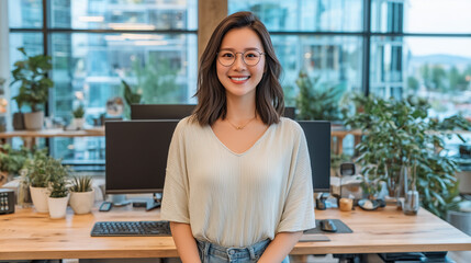 Confident woman smiling in modern green office workspace