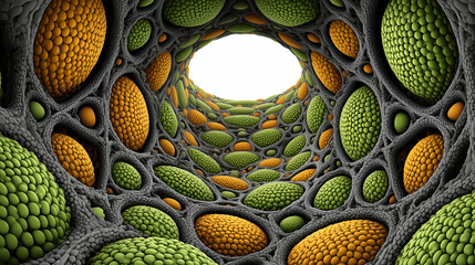 Futuristic organic structure with yellow and green cell pattern