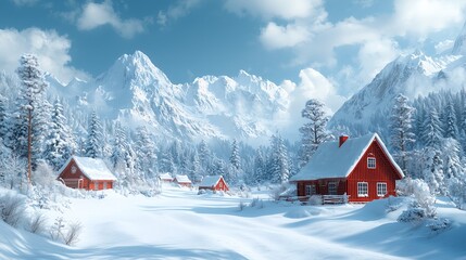 Snowy mountain village background cozy cabins
