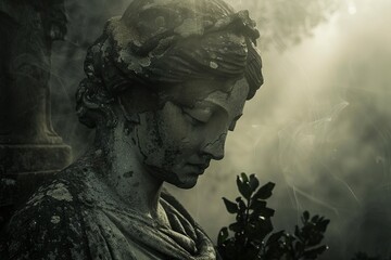 Obraz premium Serene Stone Statue in Mysterious Foggy Environment Captured in Detail