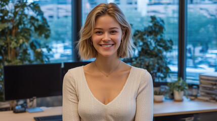Smiling Young Professional Woman in Modern Office