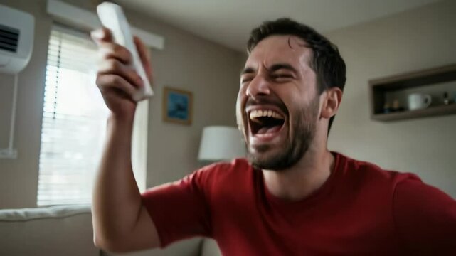 Excited man celebrating a victory while playing a video game at home, with a cozy living room backdrop - fustrated meme