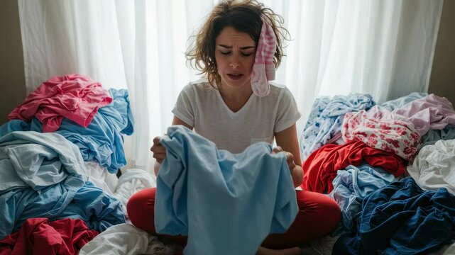 A frustrated woman sitting amidst piles of colorful laundry, overwhelmed by her chores at home - fustrated meme