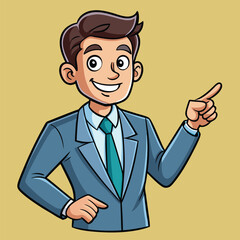 Business man pointing finger at something. Happy face. Hand drawn style vector design illustrations. 