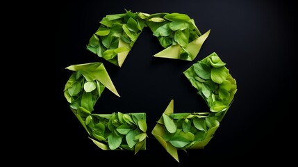 A recycling icon crafted from green leaves on a soft light backdrop, illustrating non-waste production and eco-conscious practices.