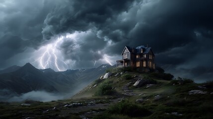 Fototapeta premium Eerie haunted architecture ghost house in forest spooky cinematic nighttime view of cursed building