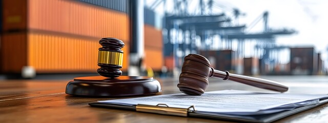 Clipboard with legal paper and gavel set against dockyard and containers symbolizing trade regulations and sea law

